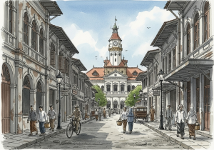 Perspektif jalan di Kota Tua Jakarta yang mengarah ke sebuah bangunan ikonik di ujungnya.