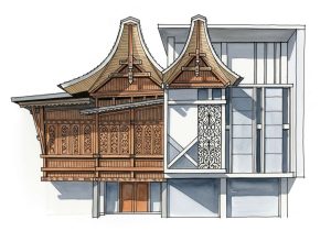 Detail fasad bangunan modern yang mengadopsi unsur arsitektur tradisional Indonesia yang kaya ornamen.