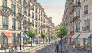 Barisan bangunan 5 lantai di sebuah jalan kota yang menerapkan prinsip gentle density, menciptakan skala yang manusiawi.