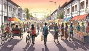 Suasana sore hari di area pedestrian Malioboro, Yogyakarta, yang ramai oleh pejalan kaki.