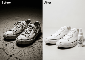 sepatu kotor di sebelah sepatu yang sudah bersih kinclong